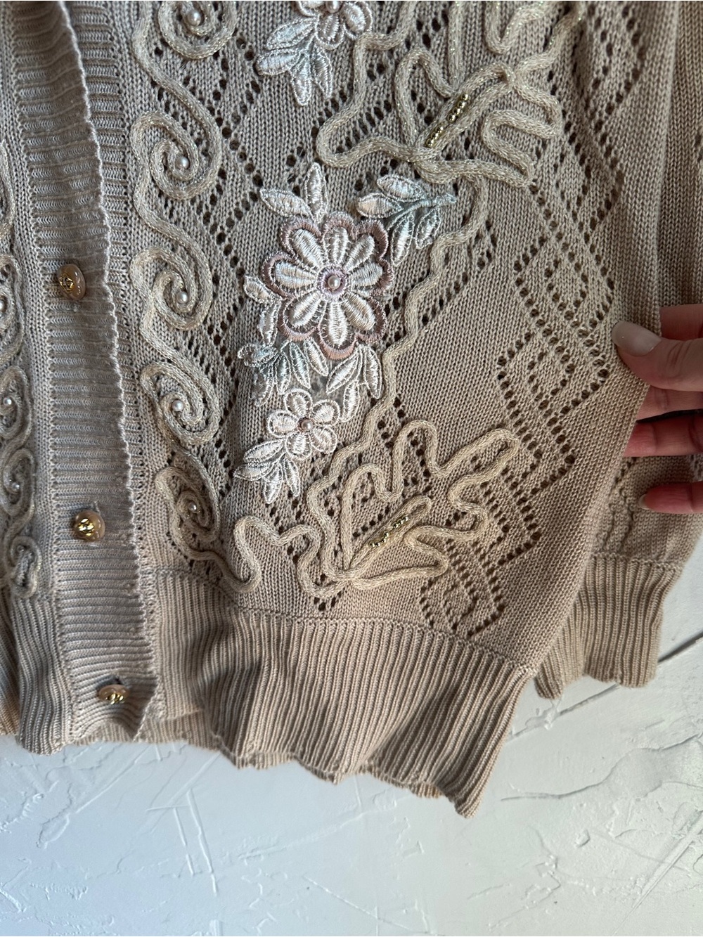 Vintage Embroidered Floral Lace Knit Cardigan Sweater Cottagecore Romantic - Picture 6 of 10